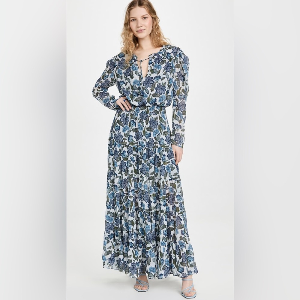 Misa Los Angeles Blue and White Floral Long Sleeve Maxi Dress